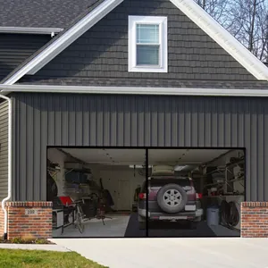 Magnetic mesh screen door installed on a garage to keep insects out while working.