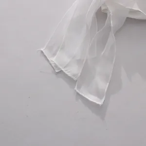 Close-up detail of white sheer fabric featuring delicate ruffled edges and pleated textures