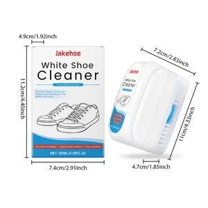 Jakehoe white shoe cleaner kit including brush and liquid with detailed dimensions shown