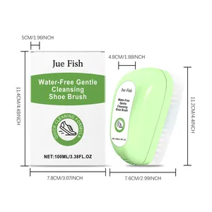 Detail shot showing exact dimensions of Jue Fish water-free shoe brush and packaging box.