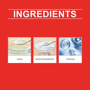 Detailed ingredients list for drain cleaner including alkali and sodium bicarbonate