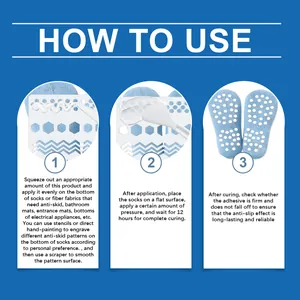 Step-by-step instructions for using anti-slip sock glue with stencils and a spreader tool.