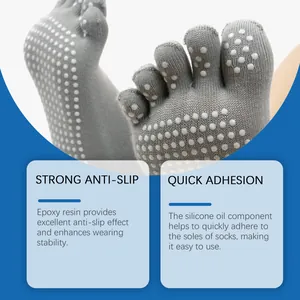 Close-up view of white anti-slip silicone dots on grey toe socks with feature text