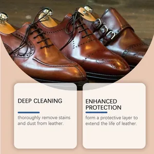 Detalle de la crema limpiadora de cuero que muestra limpieza y protección de los zapatos
