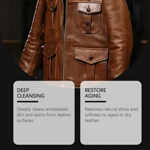 Detail view of brown leather jacket showing deep cleansing and shine restoration effects