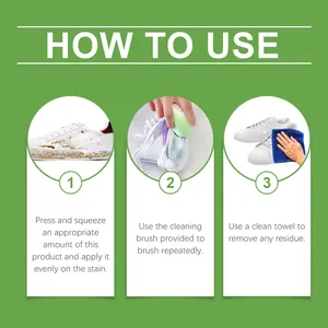 Instructional guide showing three steps to use the white shoe cleaner and brush.