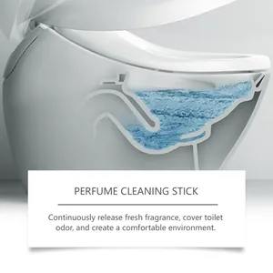 Illustration showing perfume cleaning stick fragrance release in toilet bowl water section.