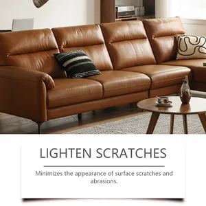 Close-up detail showing leather sofa scratch repair effect for furniture care cream.