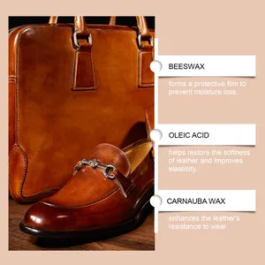 Primer plano de zapatos y bolsos de cuero que muestra el efecto de la cera nutritiva.