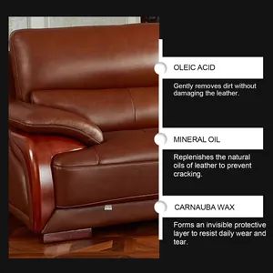 Macro detail of brown leather sofa showing maintenance benefits of oleic acid and carnauba wax.
