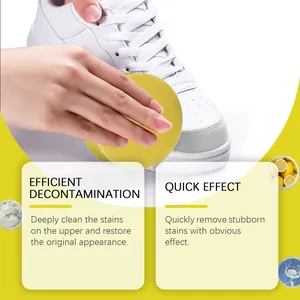 Efficient shoe cleaning cream being applied to white sneakers with a yellow sponge