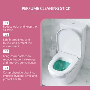 Detailed features of perfume cleaning stick showing toilet bowl with fresh green water