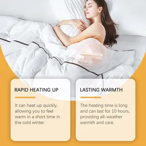 Disposable self-heating patch on duvet providing rapid 10-hour warmth for winter comfort.