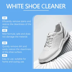 Detail view of white shoe cleaner features with effective stain removal formula