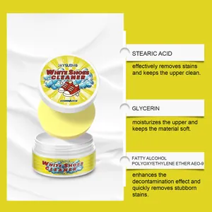 Detail showing ingredients of white shoe cleaning cream for stain removal and protection.