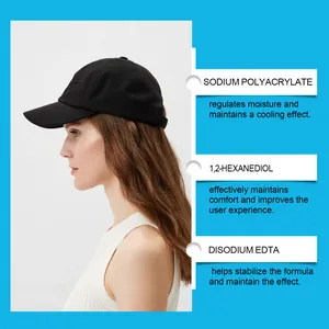Vista detallada de los ingredientes del gel refrigerante para gorras y alivio del calor.