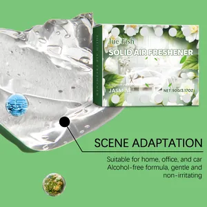 Macro detail of Jue Fish jasmine scented solid air freshener gel texture and box