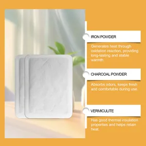 Detailed view of heat patch ingredients: iron powder, charcoal, and vermiculite