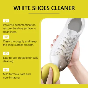Detail of mild white shoe cleaner paste effectively removing dirt with a yellow sponge