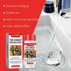 Detail view of Jaysuing dredging agent packaging and bottle by a clean bathroom sink.