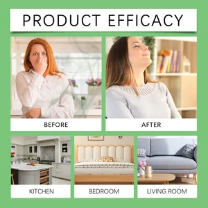 Efficacy of jasmine air freshener shown in kitchen, bedroom and living room scenes