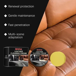 Multi-purpose leather cleaning cream kit with sponge shown on a textured brown sofa