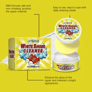 Detail view of JAYSUING white shoes cleaner paste with application sponge and packaging