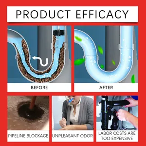 Before and after comparison showing powerful drain cleaner clearing pipe blockage