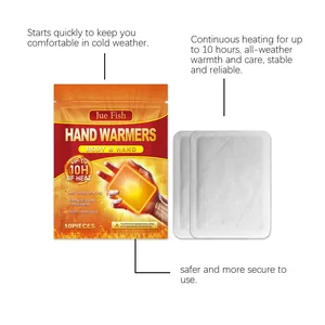 Detail view of Jue Fish hand warmers packaging and two disposable heating pads.