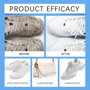 Efficacy comparison showing before and after cleaning on white shoes and leather bag