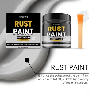 Close-up of Jaysuing grey anti-rust paint for metal with application brush and benefits text
