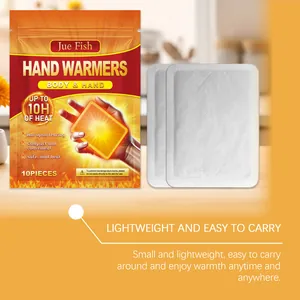 Detail view of Jue Fish disposable hand warmers with 10-hour heat duration packaging.