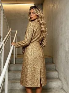 Elegant gold tweed mid-length tailored blazer coat with cinched waist for women