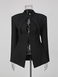 Elegant women's black tailored blazer featuring structured waist and unique lapel design