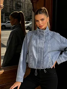 Women Casual Denim Jacket Stand Collar Long Sleeve Drawstring Hem Loose Fit Short Jean Coat Autumn Fashion Street Outwear