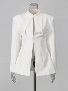 Elegant white slim fit blazer with unique pointed collar and cinched waist for women