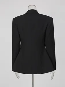 Professional elegant black slim fit blazer for women with cinched waist design back view