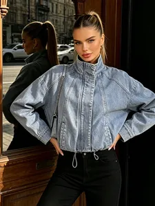 Stylish light blue denim jacket with stand collar and drawstring hem for women