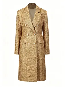 Elegant gold metallic tweed double-breasted long trench coat with pearl buttons for women