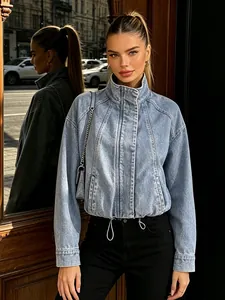 Casual light blue washed denim jacket for women featuring high collar and drawstring hem