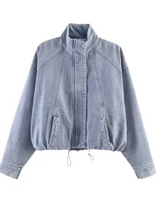 Casual loose-fit blue denim jacket for women with high collar and drawstring waist