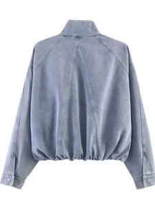 Back view of a casual light blue washed denim jacket with elastic hem