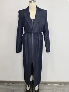 Elegant dark denim two-piece set featuring cropped blazer and long zip-front skirt