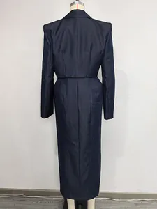 Elegant navy blue denim two-piece skirt set shown on a mannequin from behind