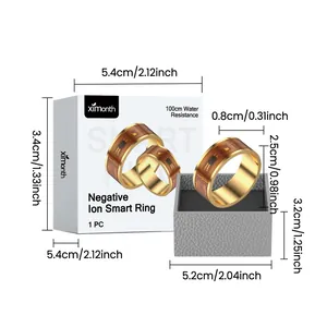 Detaillierte Abmessungen des XIMONTH Negativ-Ionen-Smart-Rings und seiner Premium-Box.