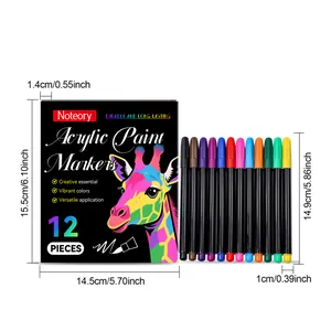 Set de 12 marqueurs acryliques vibrants avec dimensions de la boîte et des stylos