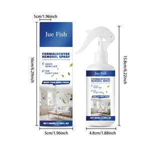 Detailed dimensions of 100ml Jue-Fish formaldehyde removal spray bottle and packaging box