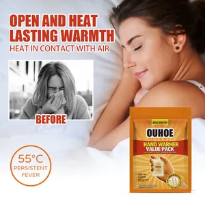 Détail du pack économique de chauffe-mains OUHOE activé par l'air à 55°C de chaleur.