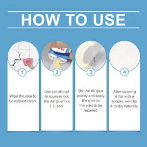 Four-step instructional guide showing how to use AB glue for tile and pipe surface repair.