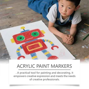 Enfant dessinant un robot coloré avec des marqueurs acryliques sur un sol en bois.